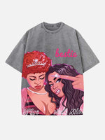 Distressed Washed Singer Figure&Letter Print Round Neck T-shirt