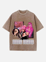 Distressed Washed Singer Figure&Letter Print Round Neck T-shirt