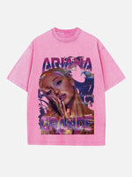 Distressed Washed Singer&Actor Figure&Letter Print Round Neck T-shirt