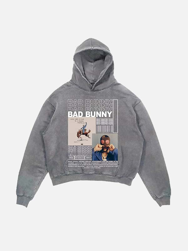 Bad Bunny Print Slant Pockets Hoodie