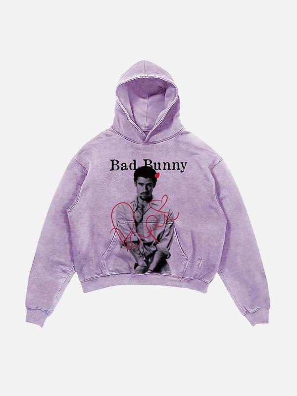 Bad Bunny Print Slant Pockets Hoodie