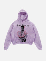 Bad Bunny Print Slant Pockets Hoodie