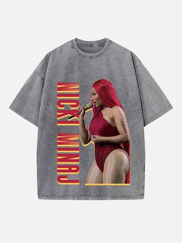 Distressed Washed Singer Figure&Letter Print Round Neck T-shirt