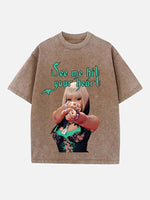 Distressed Washed Singer Figure&Letter Print Round Neck T-shirt