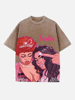 Distressed Washed Singer Figure&Letter Print Round Neck T-shirt