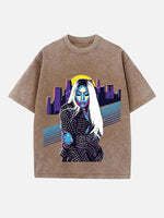 Distressed Washed Singer Figure&Letter Print Round Neck T-shirt