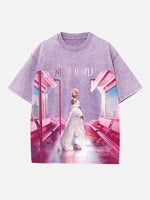 Distressed Washed Singer Figure&Letter Print Round Neck T-shirt