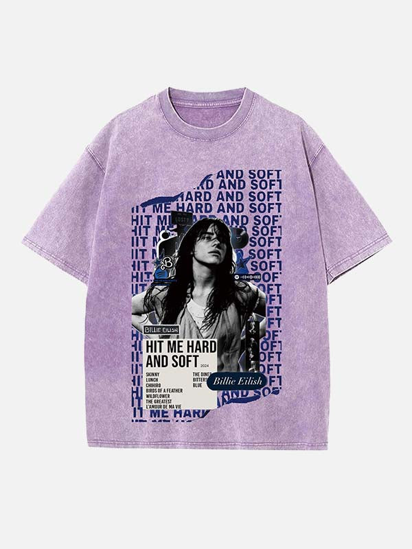 Distressed Washed Singer Figure&Letter Print Round Neck T-shirt