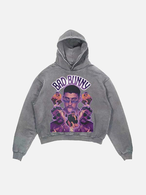 Bad Bunny Print Slant Pockets Hoodie