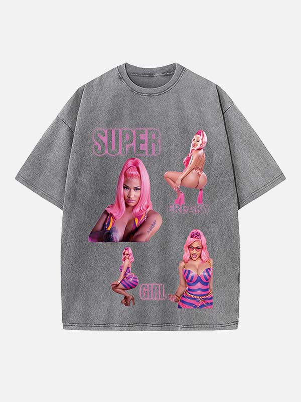 Distressed Washed Singer Figure&Letter Print Round Neck T-shirt