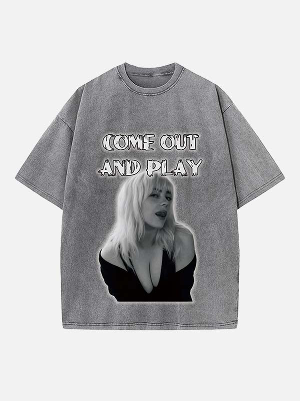 Distressed Washed Singer Figure&Letter Print Round Neck T-shirt