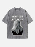 Distressed Washed Singer Figure&Letter Print Round Neck T-shirt