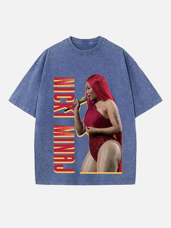 Distressed Washed Singer Figure&Letter Print Round Neck T-shirt