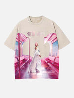 Distressed Washed Singer Figure&Letter Print Round Neck T-shirt