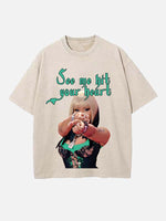 Distressed Washed Singer Figure&Letter Print Round Neck T-shirt
