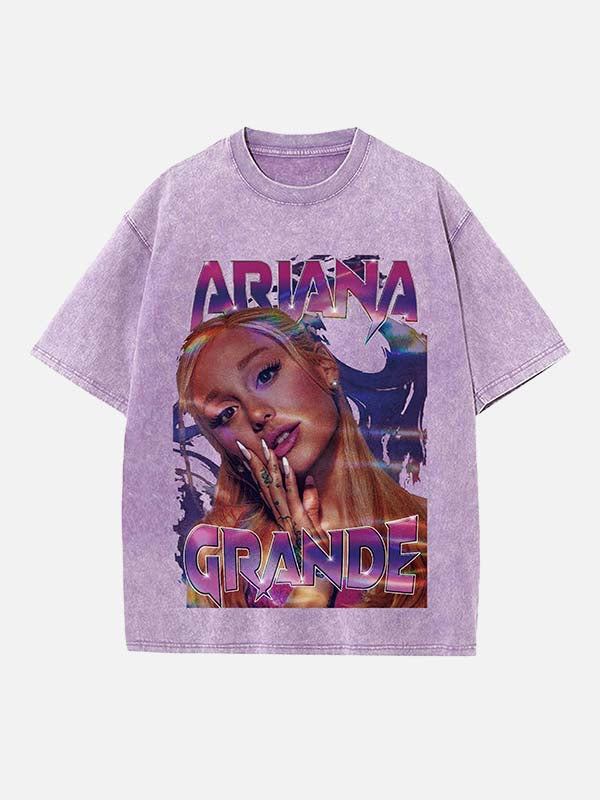 Distressed Washed Singer&Actor Figure&Letter Print Round Neck T-shirt