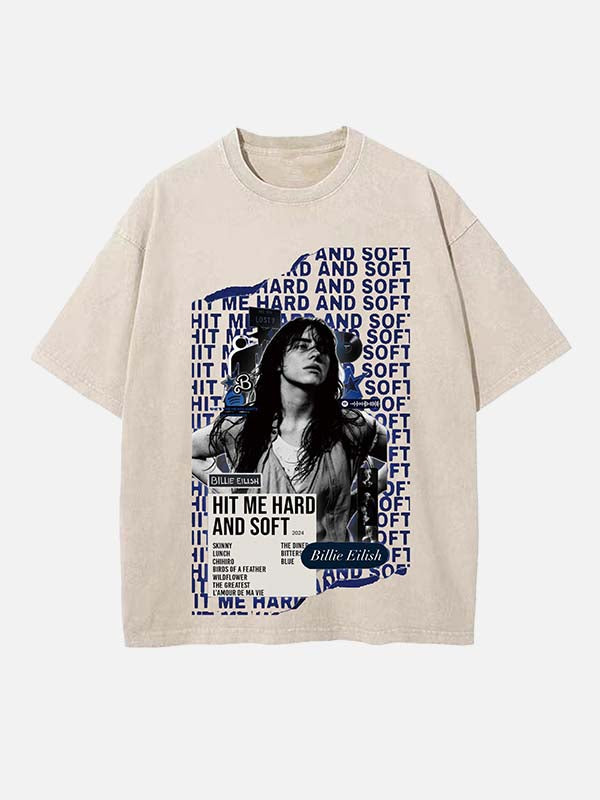 Distressed Washed Singer Figure&Letter Print Round Neck T-shirt