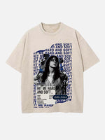 Distressed Washed Singer Figure&Letter Print Round Neck T-shirt