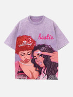 Distressed Washed Singer Figure&Letter Print Round Neck T-shirt