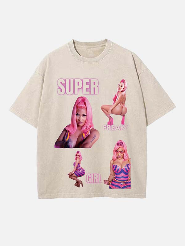 Distressed Washed Singer Figure&Letter Print Round Neck T-shirt