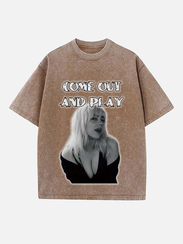 Distressed Washed Singer Figure&Letter Print Round Neck T-shirt