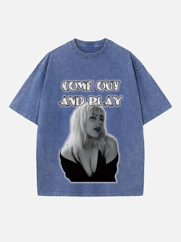 Distressed Washed Singer Figure&Letter Print Round Neck T-shirt