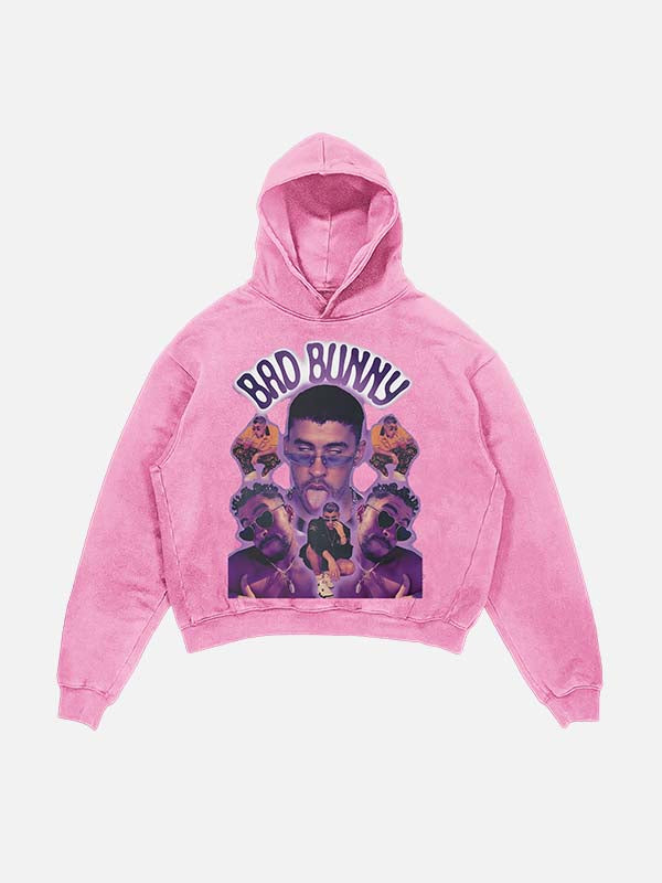 Bad Bunny Print Slant Pockets Hoodie