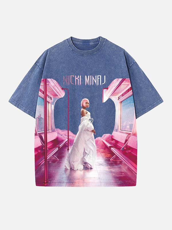 Distressed Washed Singer Figure&Letter Print Round Neck T-shirt