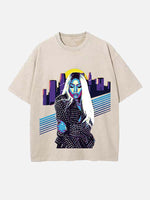 Distressed Washed Singer Figure&Letter Print Round Neck T-shirt