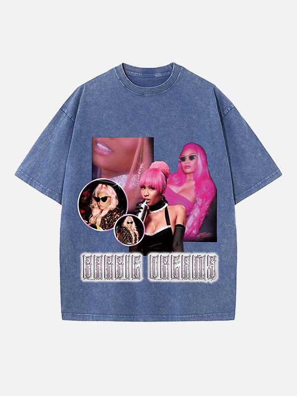 Distressed Washed Singer Figure&Letter Print Round Neck T-shirt