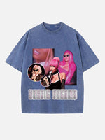 Distressed Washed Singer Figure&Letter Print Round Neck T-shirt
