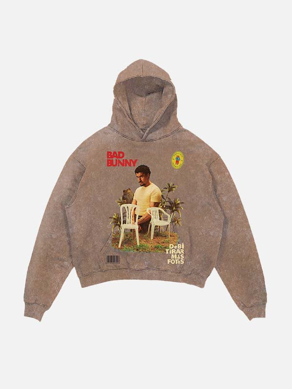 Bad Bunny Print Slant Pockets Hoodie