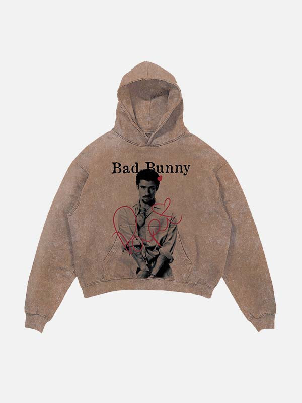 Bad Bunny Print Slant Pockets Hoodie
