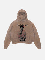 Bad Bunny Print Slant Pockets Hoodie