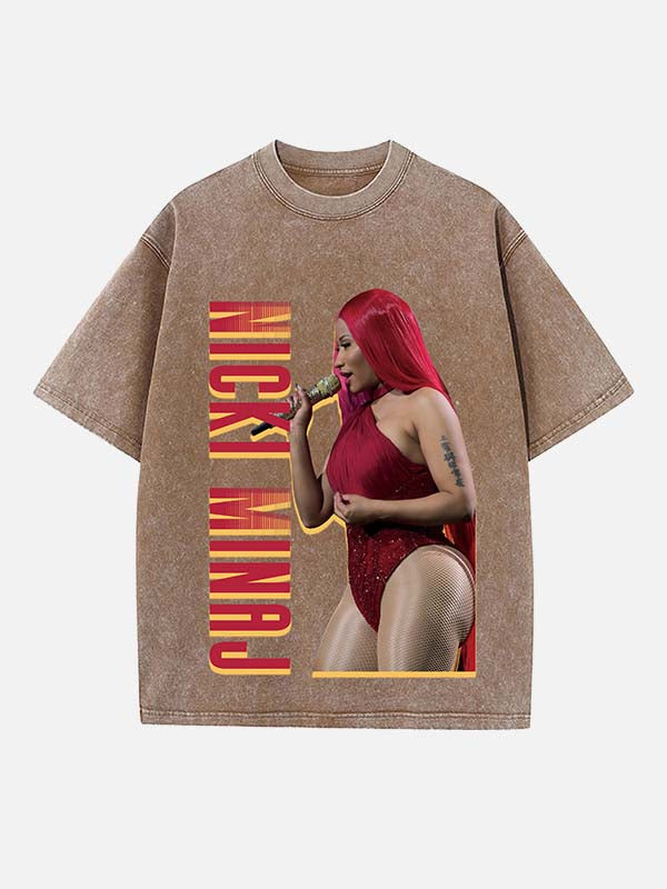 Distressed Washed Singer Figure&Letter Print Round Neck T-shirt