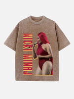 Distressed Washed Singer Figure&Letter Print Round Neck T-shirt