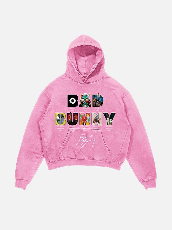 Bad Bunny Print Slant Pockets Hoodie