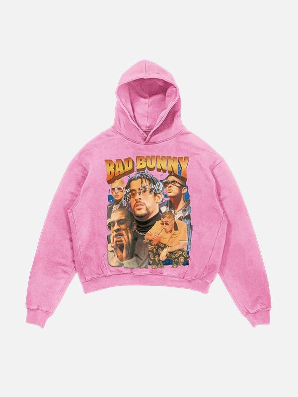 Bad Bunny Print Slant Pockets Hoodie