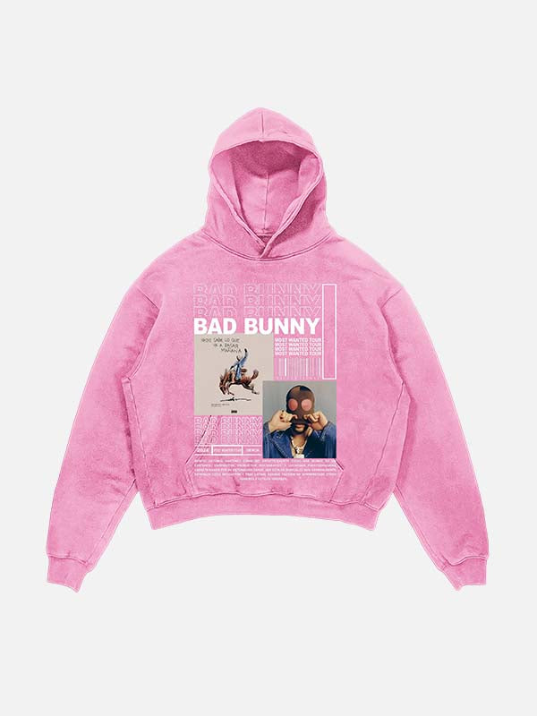 Bad Bunny Print Slant Pockets Hoodie