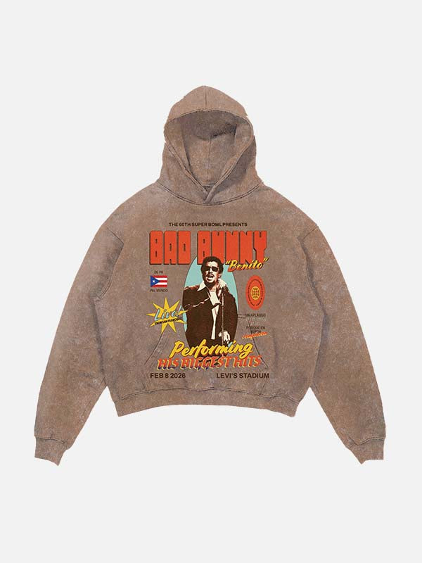 Bad Bunny Print Slant Pockets Hoodie