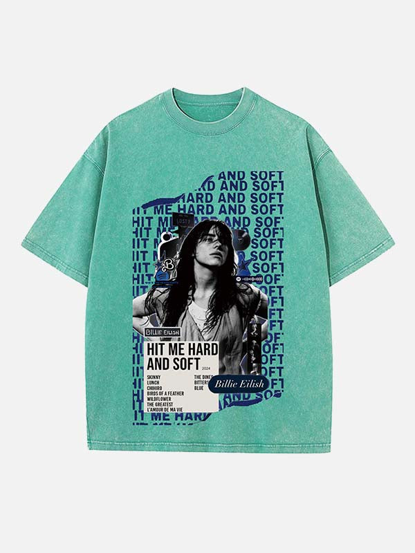 Distressed Washed Singer Figure&Letter Print Round Neck T-shirt