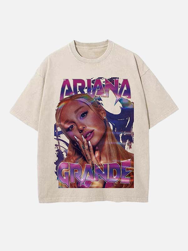 Distressed Washed Singer&Actor Figure&Letter Print Round Neck T-shirt
