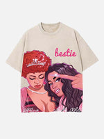 Distressed Washed Singer Figure&Letter Print Round Neck T-shirt