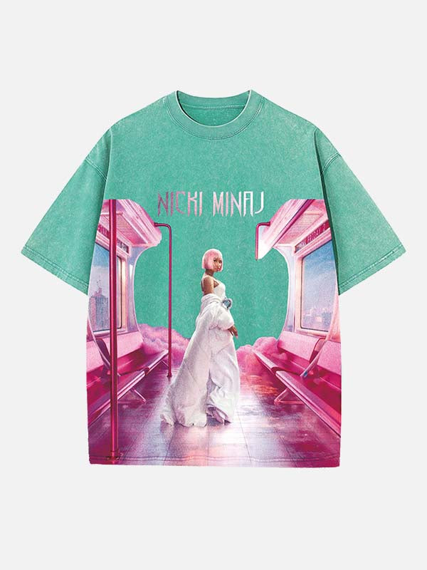 Distressed Washed Singer Figure&Letter Print Round Neck T-shirt