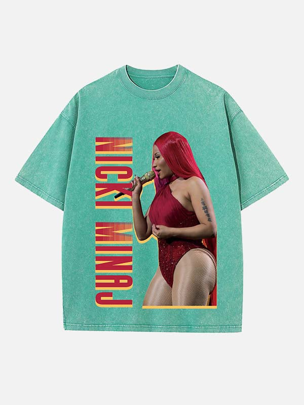 Distressed Washed Singer Figure&Letter Print Round Neck T-shirt