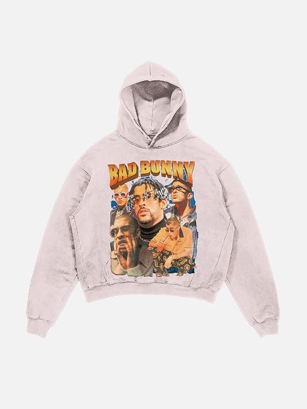 Bad Bunny Print Slant Pockets Hoodie