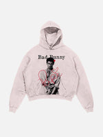 Bad Bunny Print Slant Pockets Hoodie