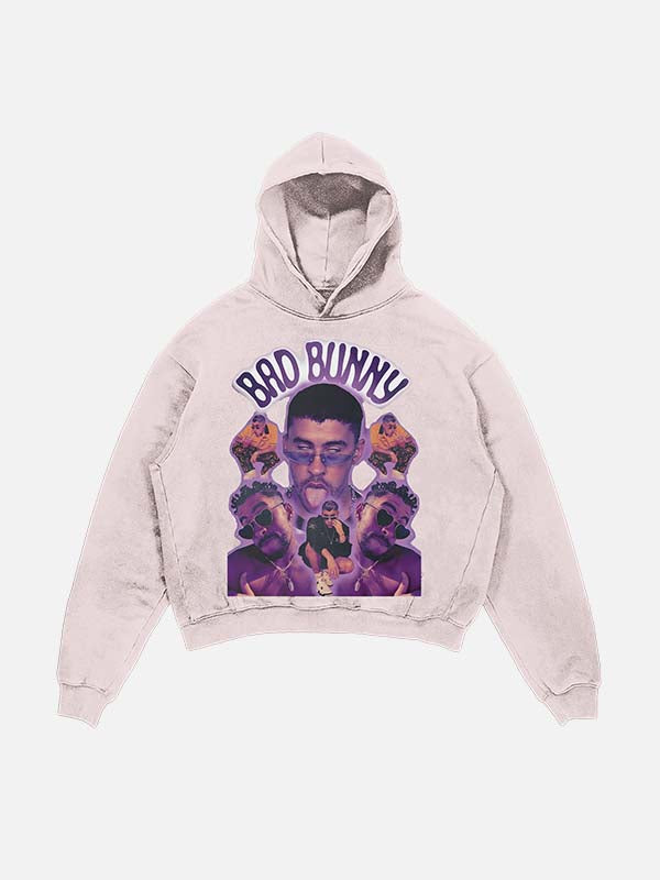 Bad Bunny Print Slant Pockets Hoodie