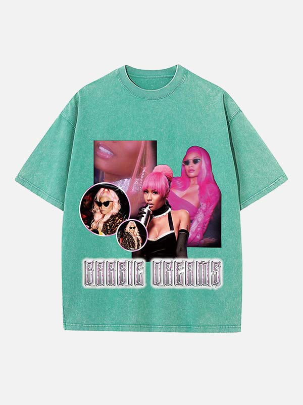 Distressed Washed Singer Figure&Letter Print Round Neck T-shirt
