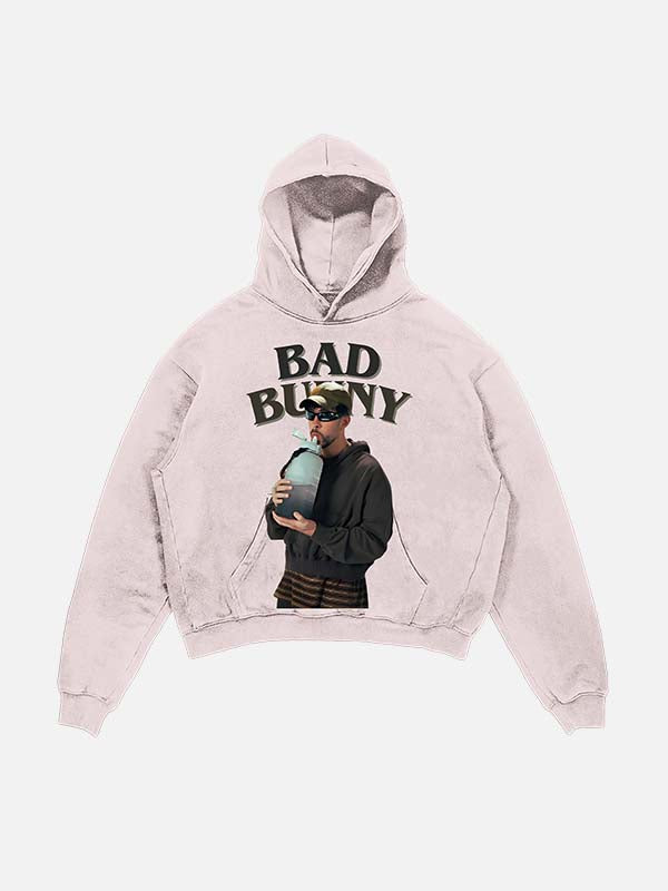 Bad Bunny Print Slant Pockets Hoodie